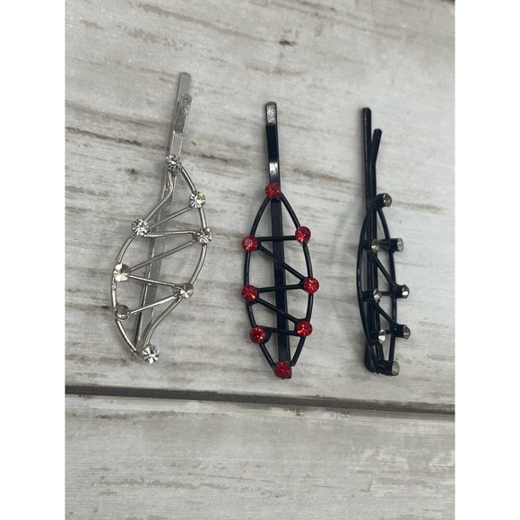 Hair Bobby Pins Clips Rhinestones Crystals Clear Red and Black Silver Set of 3 - Picture 5 of 6